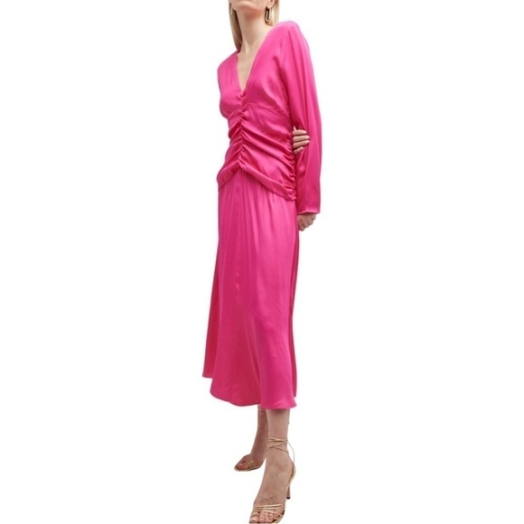NWT FARM RIO Long-Sleeve Ruched-Waist Midi Dress Pink Fuchsia Sz S - Picture 2 of 4